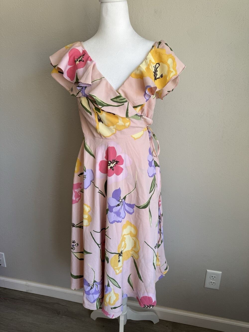 ASOS Pink Floral Midi Wrap Dress Womens 6 Coquette Girly Ruffles Romantic Barbie